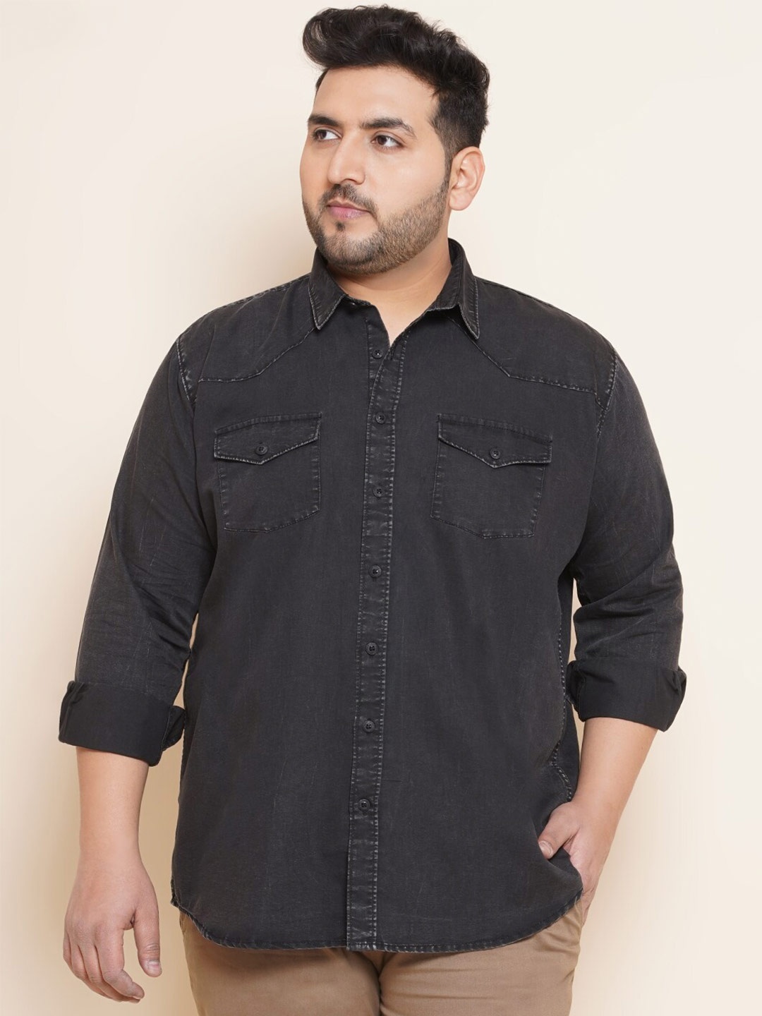 

John Pride Plus Size Opaque Casual Denim Shirt, Charcoal