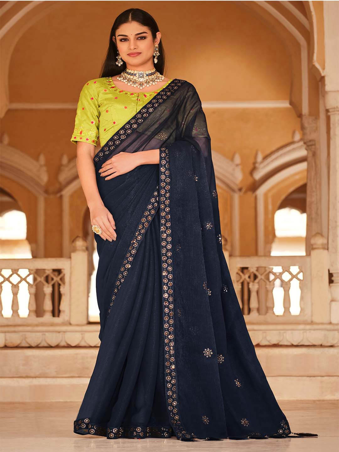 

SHUBHVASTRA Floral Embroidered Poly Chiffon Saree, Navy blue