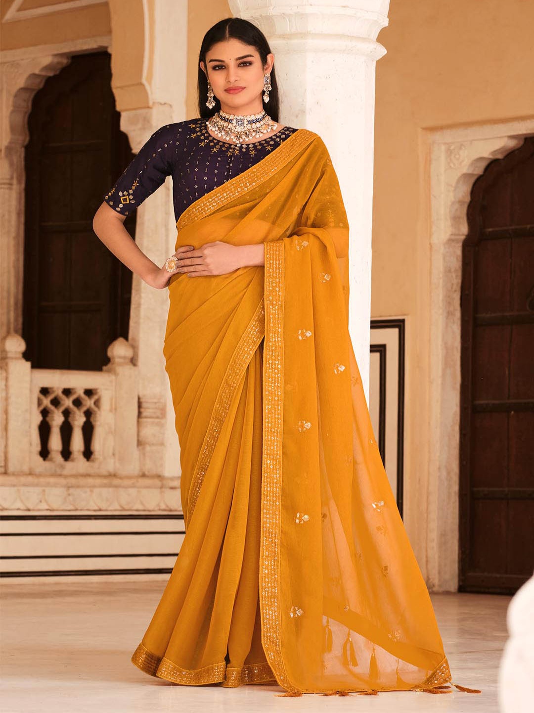 

SHUBHVASTRA Floral Embroidered Sequinned Poly Chiffon Saree, Yellow