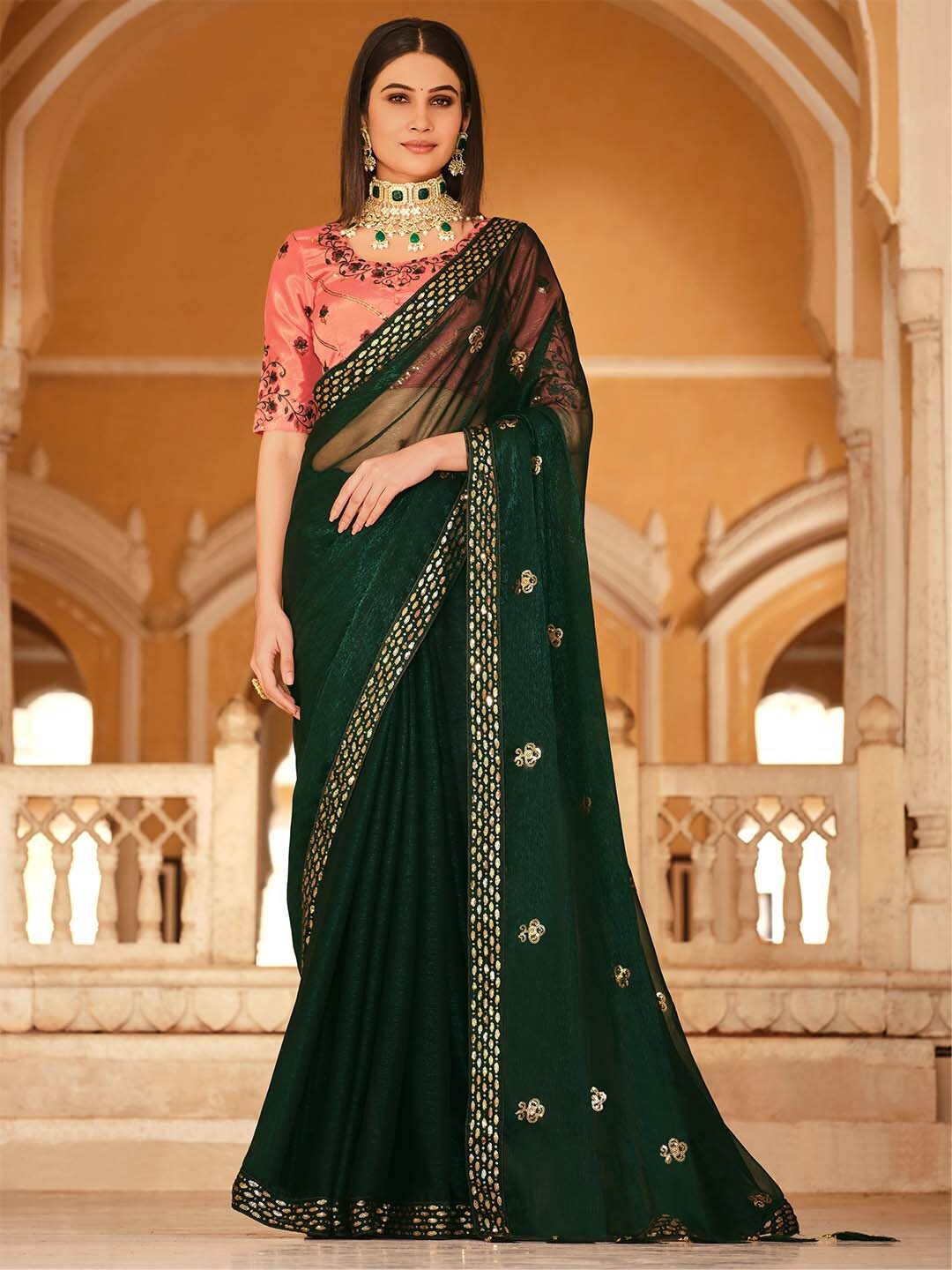 

SHUBHVASTRA Ethnic Motifs Embroidered Sequinned Poly Chiffon Saree, Green