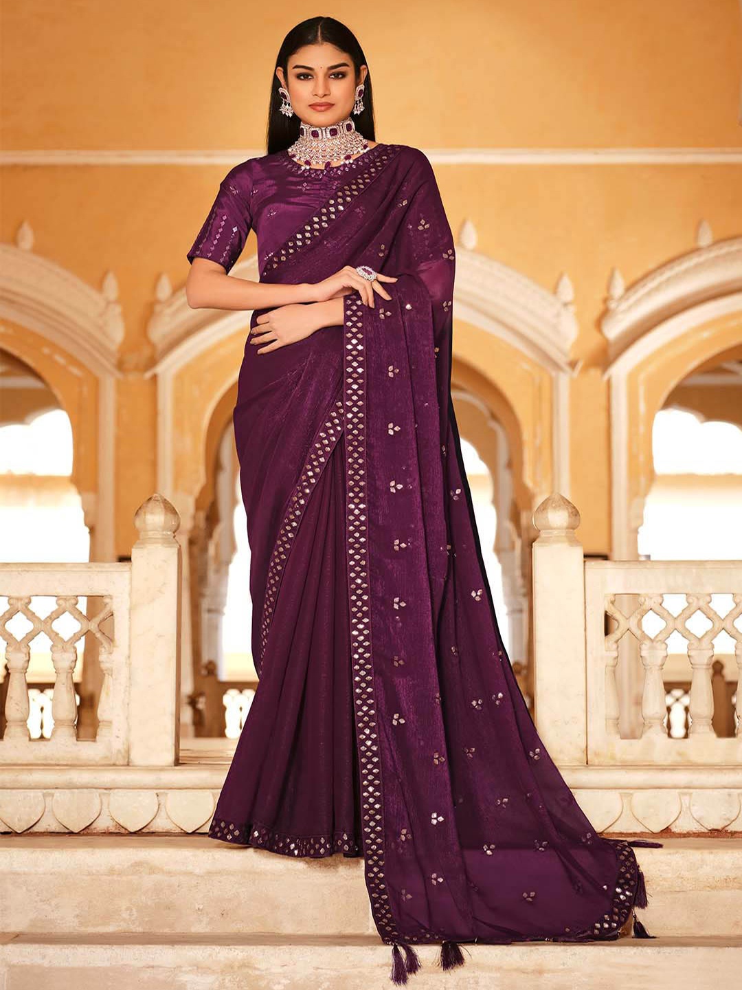 

SHUBHVASTRA Ethnic Motifs Embroidered Sequinned Saree, Purple