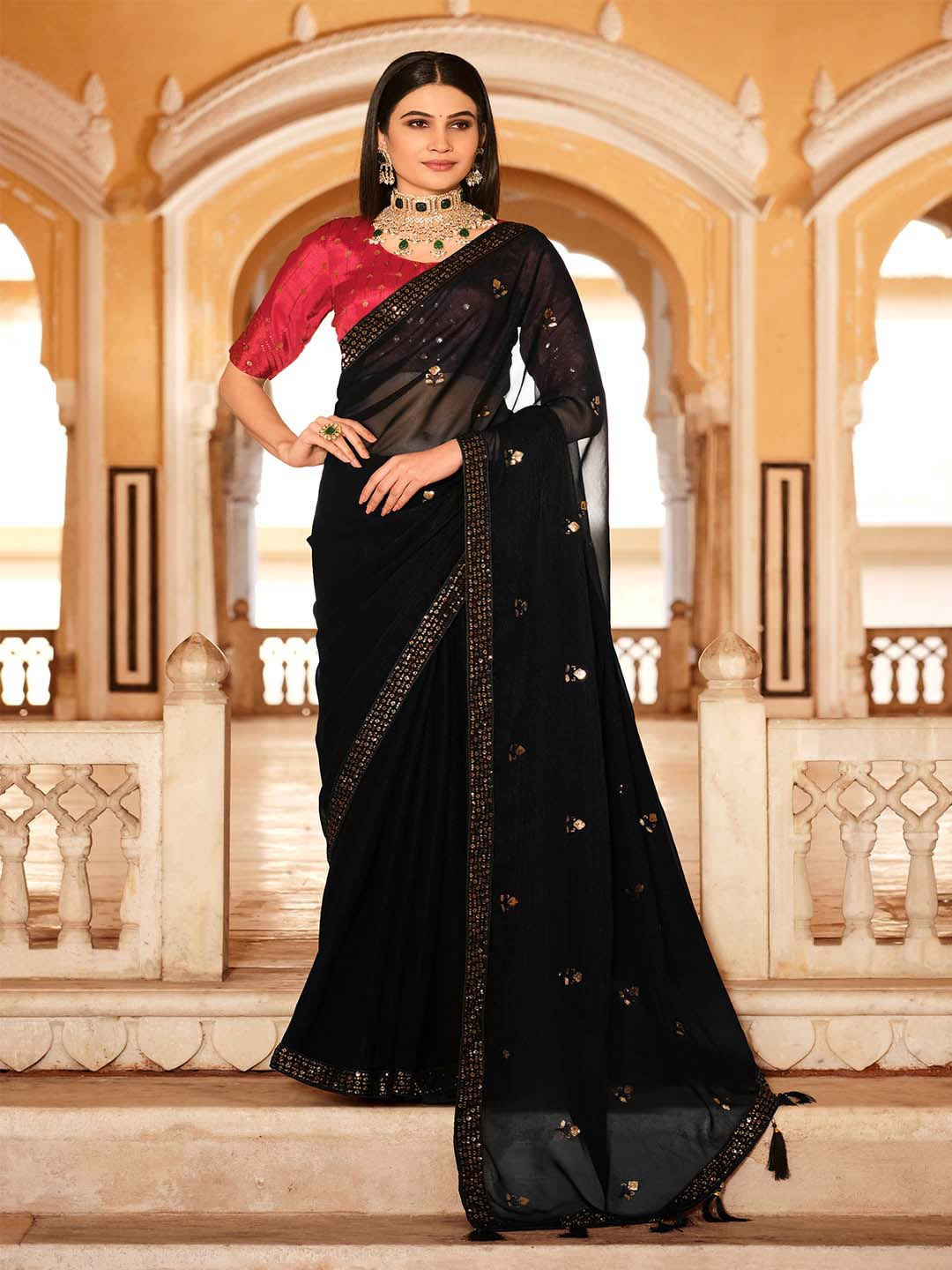 

SHUBHVASTRA Ethnic Motifs Embroidered Sequinned Poly Chiffon Saree, Black