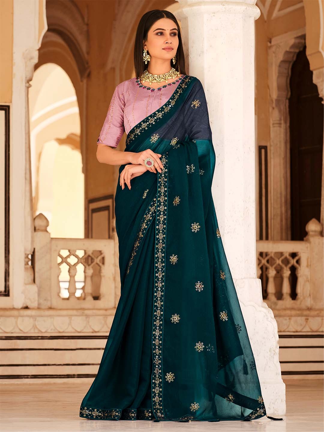 

SHUBHVASTRA Ethnic Motifs Embroidered Sequinned Poly Chiffon Saree, Blue