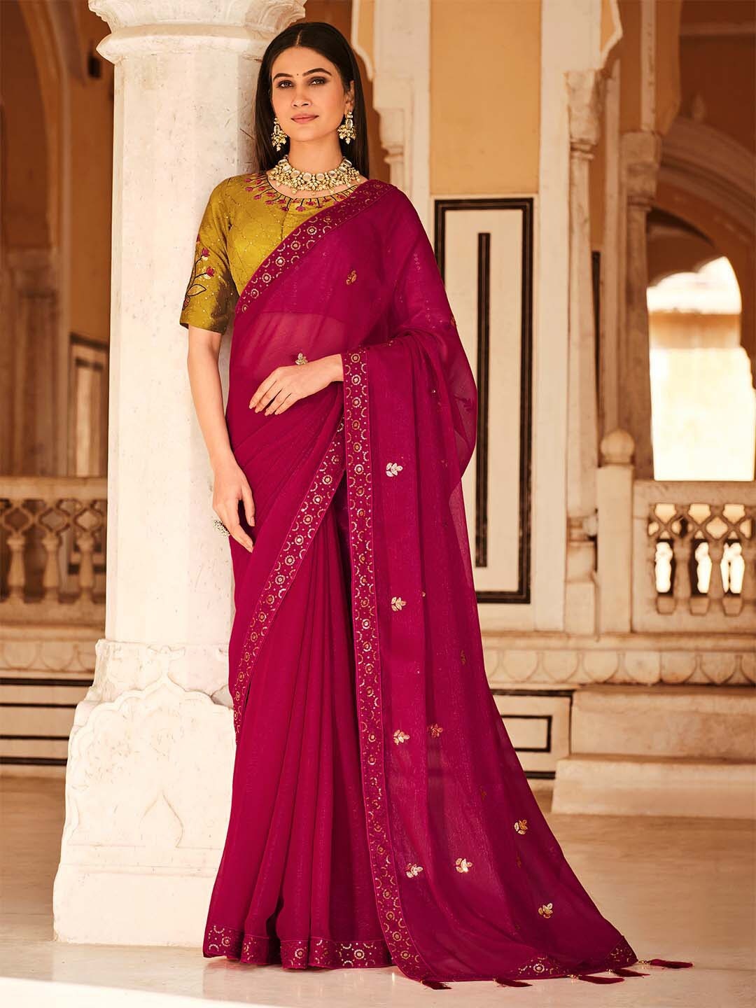 

SHUBHVASTRA Ethnic Motifs Embroidered Sequinned Poly Chiffon Saree, Maroon