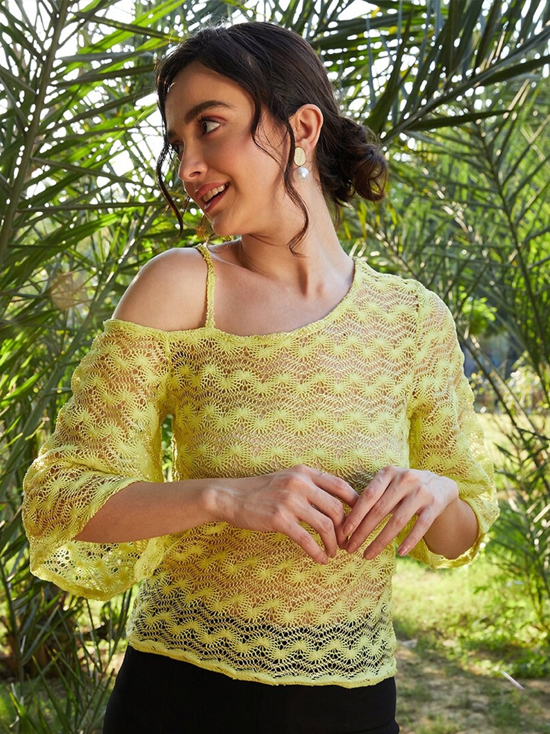 

Athena Yellow Self Design One Shoulder Flared Sleeves Lace Top