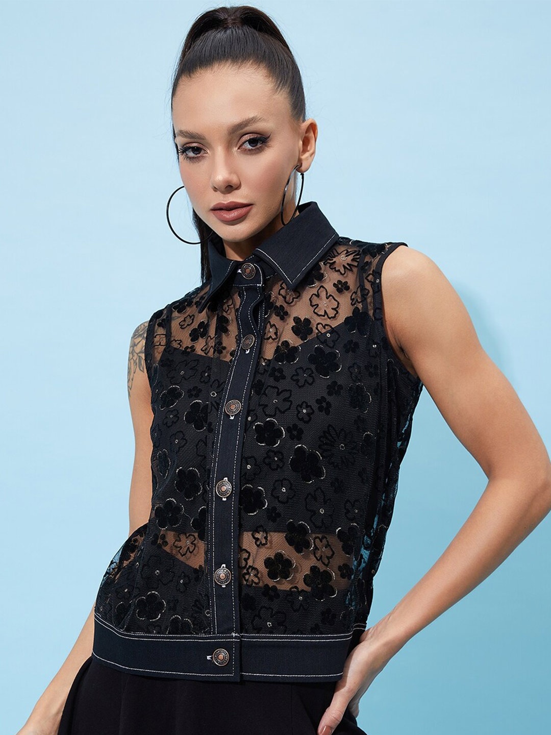 

Athena Black Floral Sheer Net Shirt Sleeveless Style Denim Top