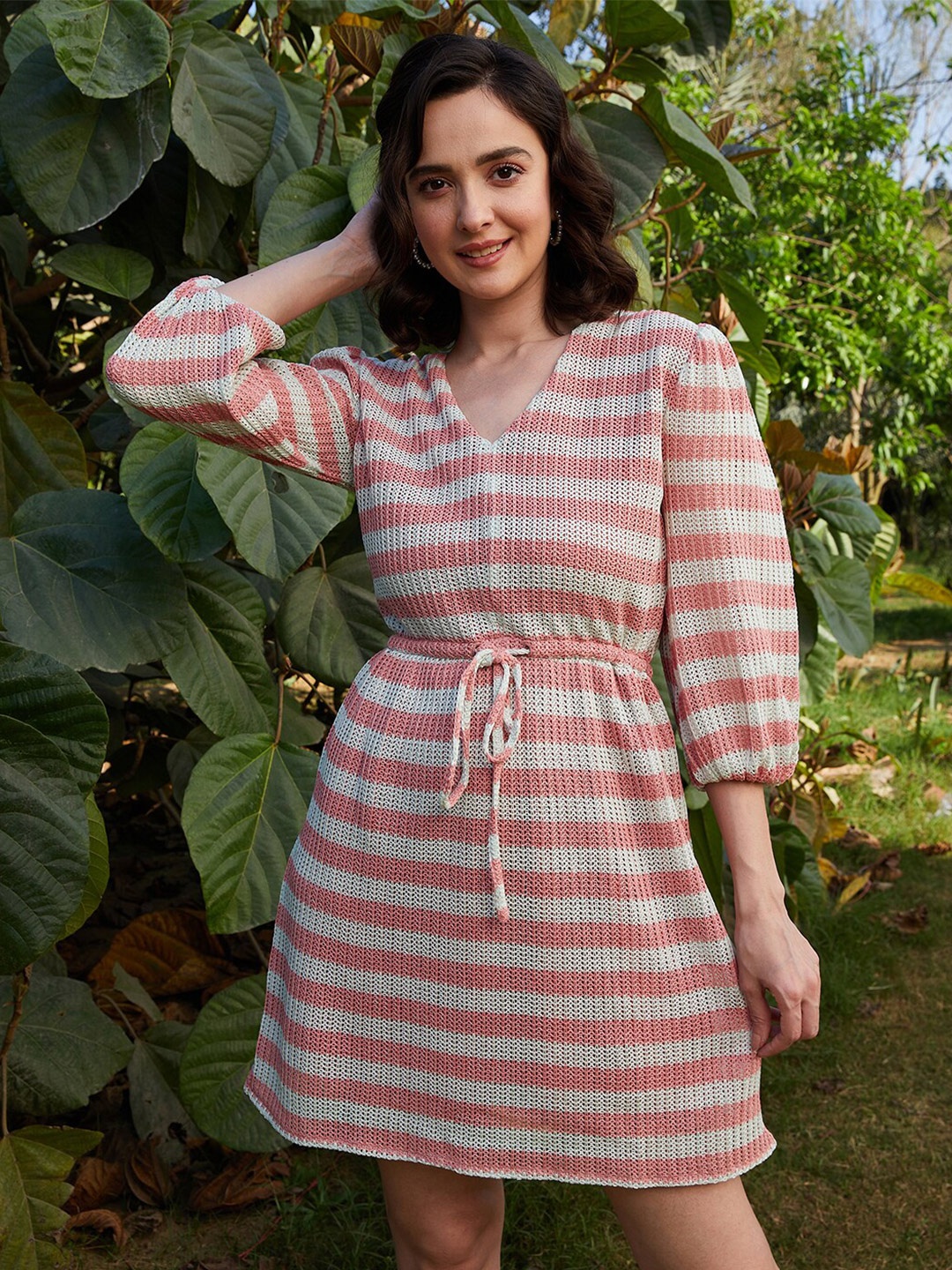 

Athena V-Neck Striped Fit & Flare Dress, Pink