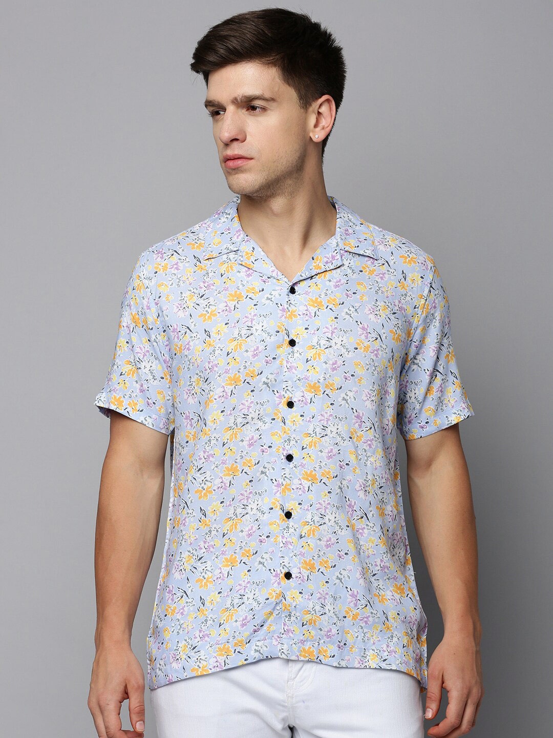 

SHOWOFF Comfort Floral Printed Cuban Collar Casual Shirt, Blue