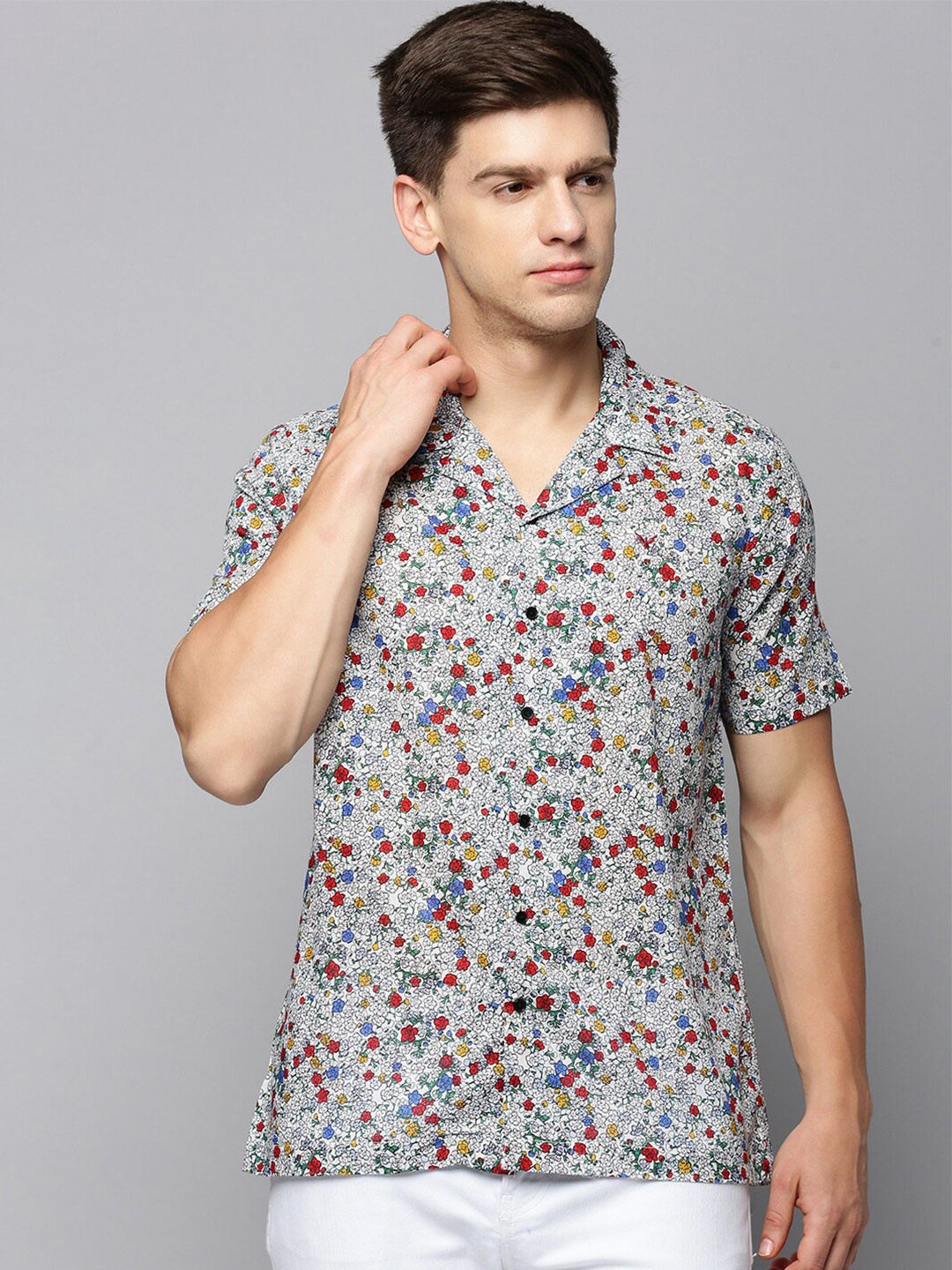 

SHOWOFF Floral Printed Cuban Collar Short Sleeves Comfort Fit Casual Shirt, White