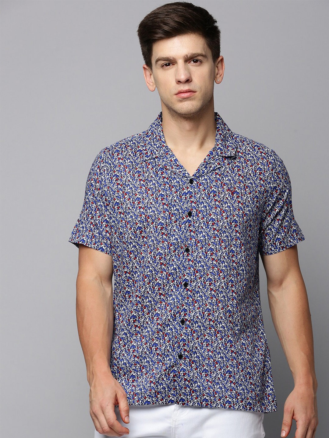 

SHOWOFF Comfort Micro Ditsy Printed Cuban Collar Casual Shirt, Blue