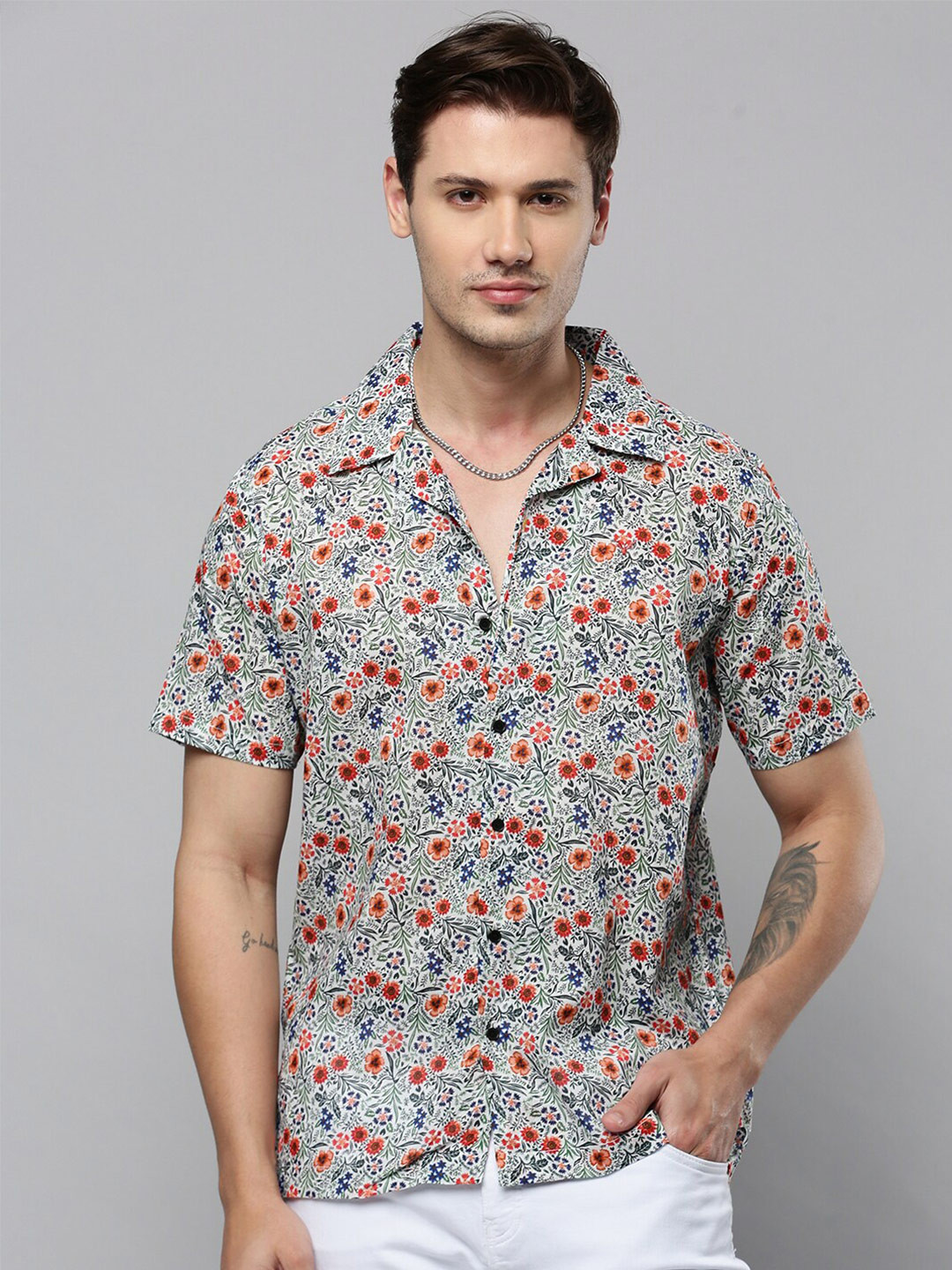 

SHOWOFF Comfort Floral Printed Lapel Collar Casual Shirt, White