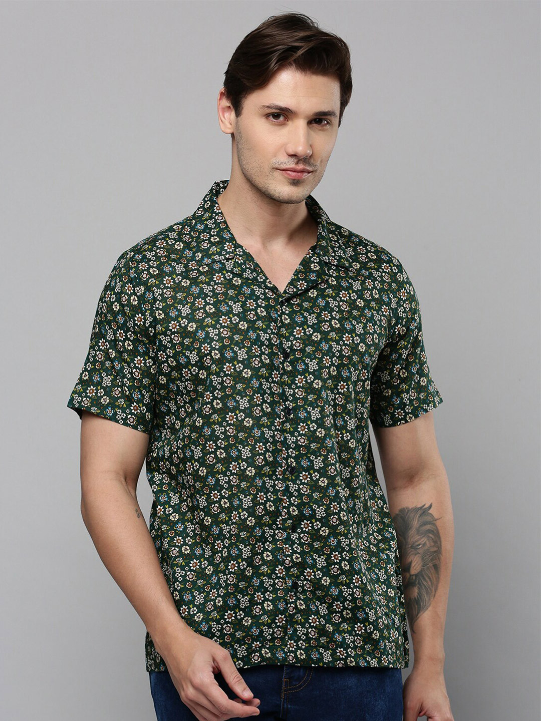 

SHOWOFF Comfort Floral Printed Cuban Collar Casual Shirt, Green