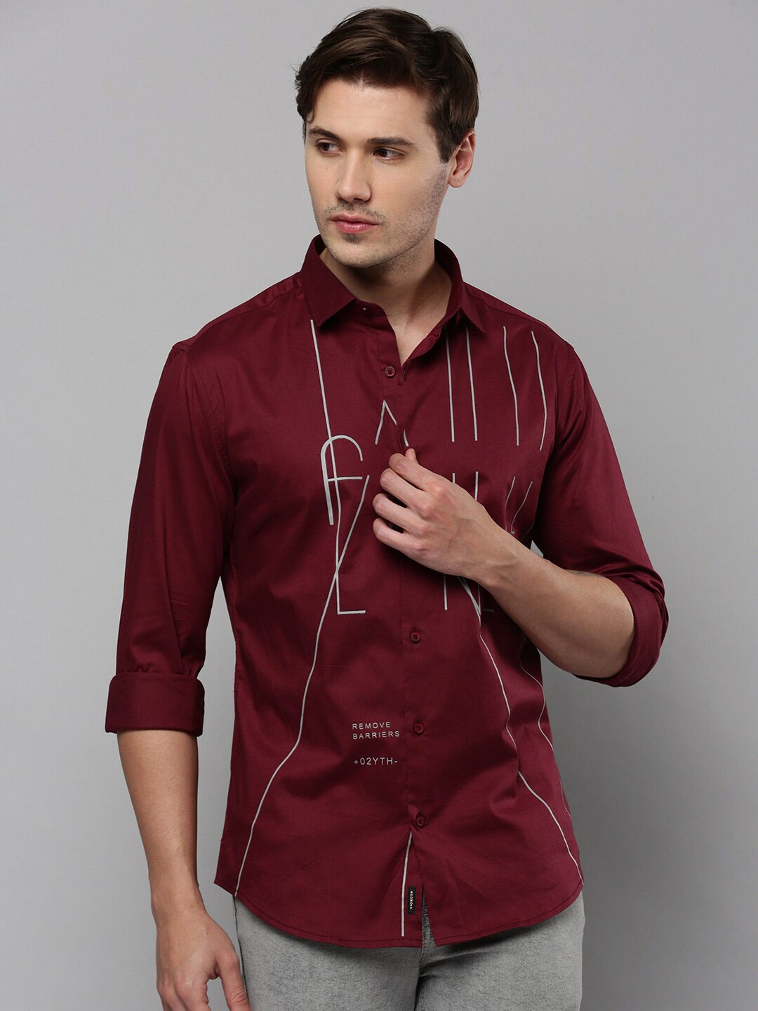 

SHOWOFF Typography Printed Long Sleeves Comfort Fit Linen Casual Shirt, Burgundy