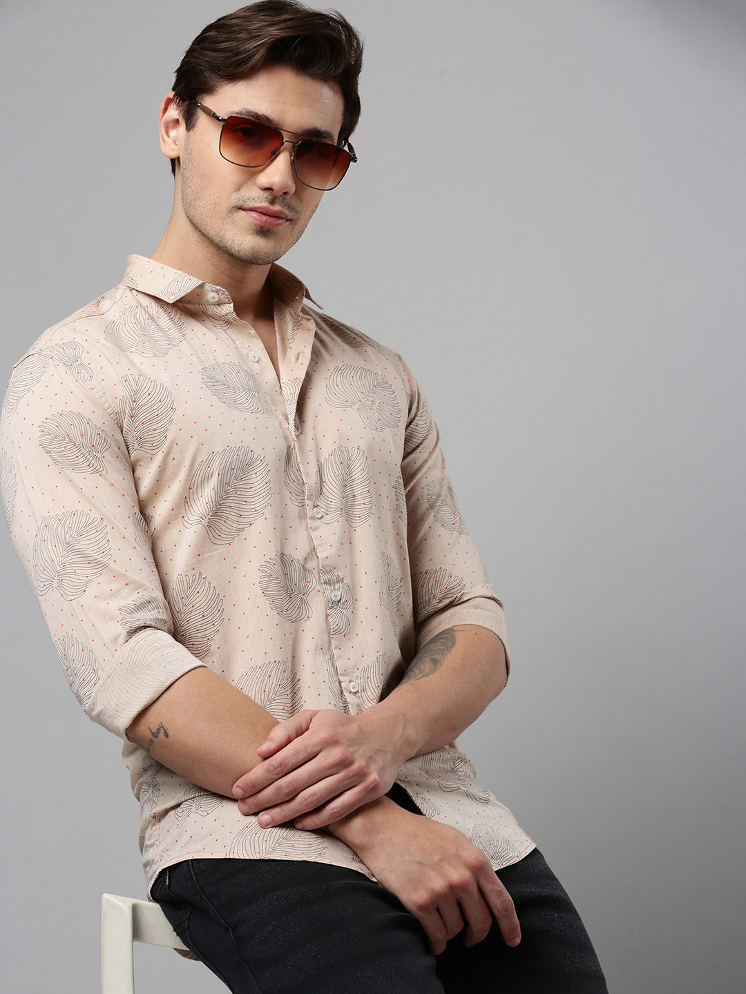 

SHOWOFF Comfort Geometric Printed Cotton Casual Shirt, Beige