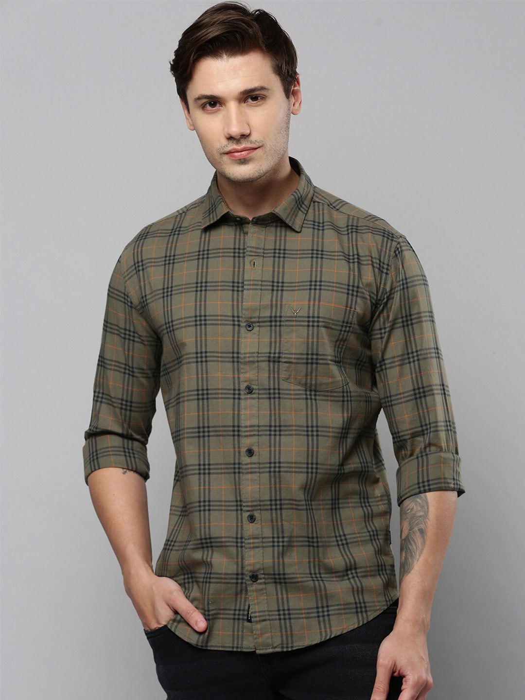 

SHOWOFF Checked Long Sleeves Comfort Fit Cotton Casual Shirt, Olive