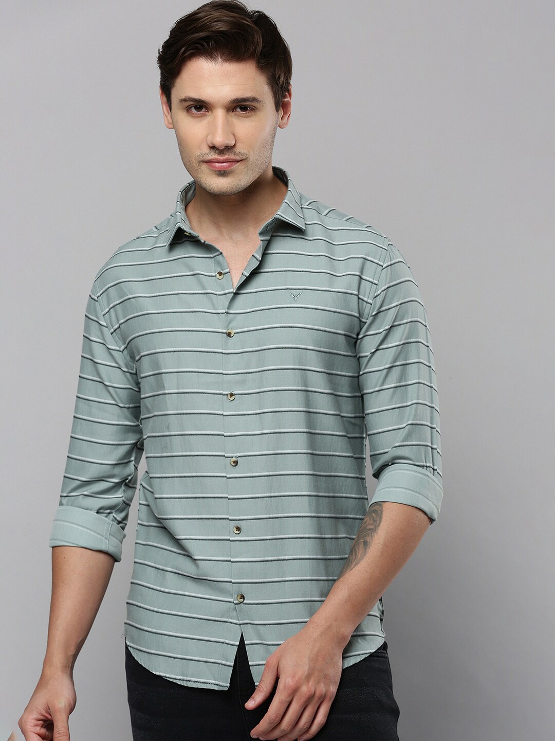 

SHOWOFF Comfort Horizontal Striped Cotton Shirt, Green