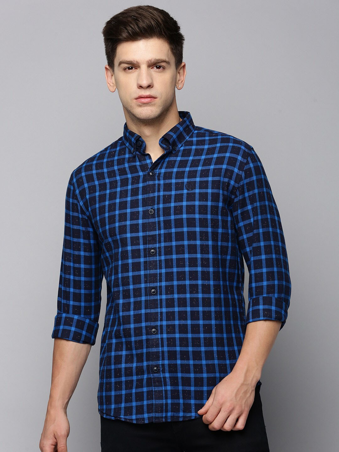 

SHOWOFF Comfort Checked Button-Down Collar Cotton Casual Shirt, Navy blue