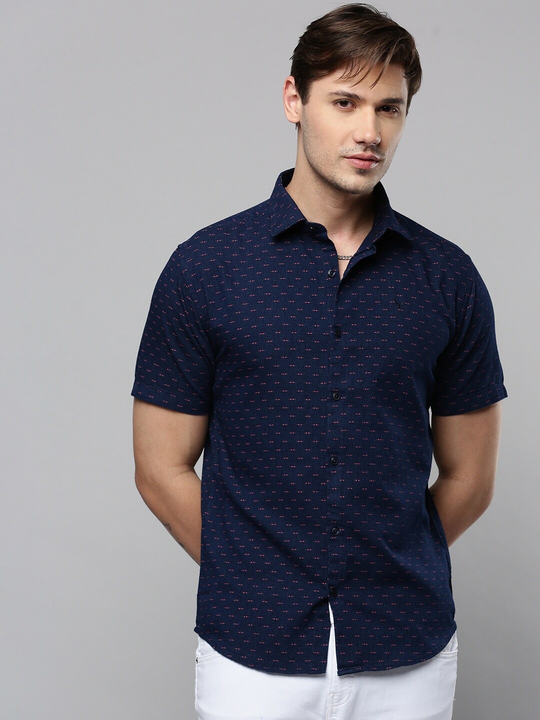 

SHOWOFF Comfort Micro Disty Printed Cotton Casual Shirt, Navy blue