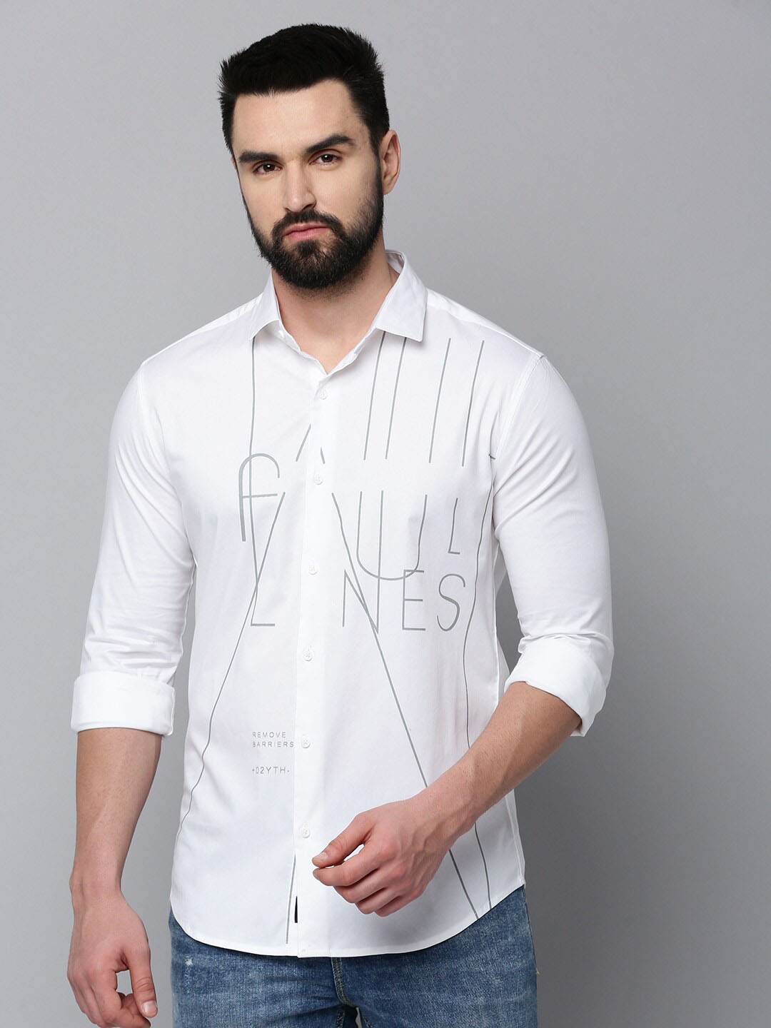 

SHOWOFF Abstract Printed Spread Collar Comfort Cotton Casual Shirt, White