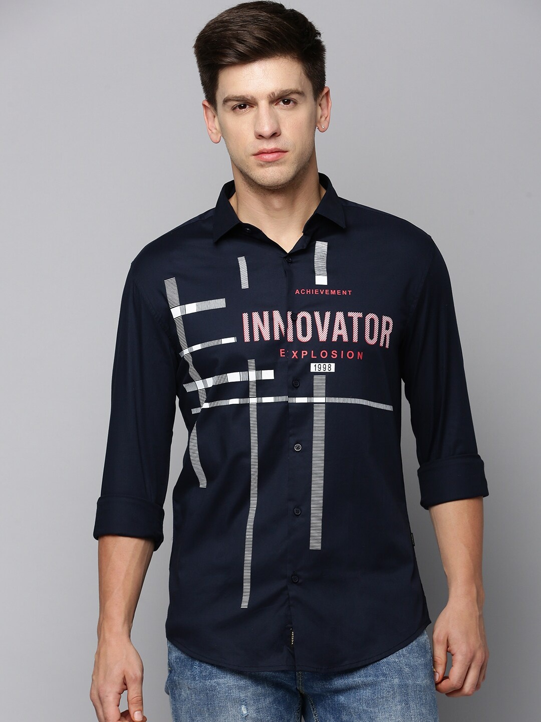 

SHOWOFF Comfort Typography Printed Cotton Casual Shirt, Navy blue