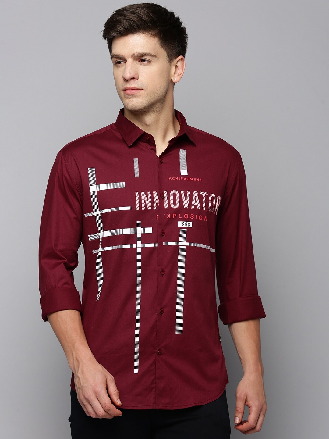 

SHOWOFF Comfort Typography Printed Cotton Casual Shirt, Maroon