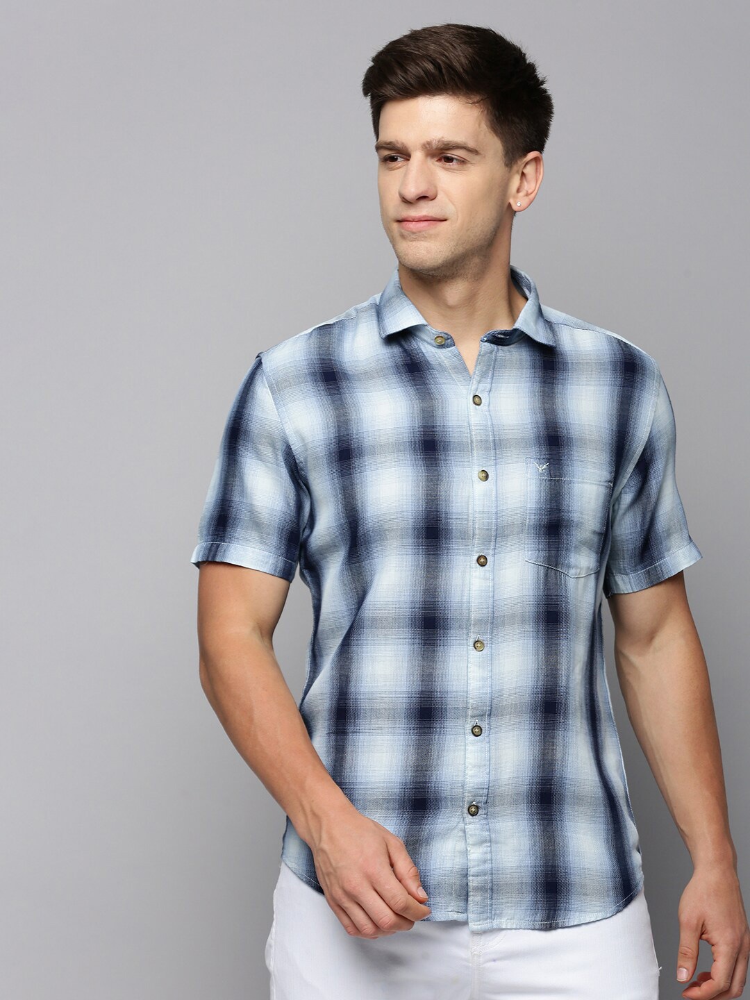 

SHOWOFF Tartan Checked Spread Collar Comfort Cotton Casual Shirt, Blue