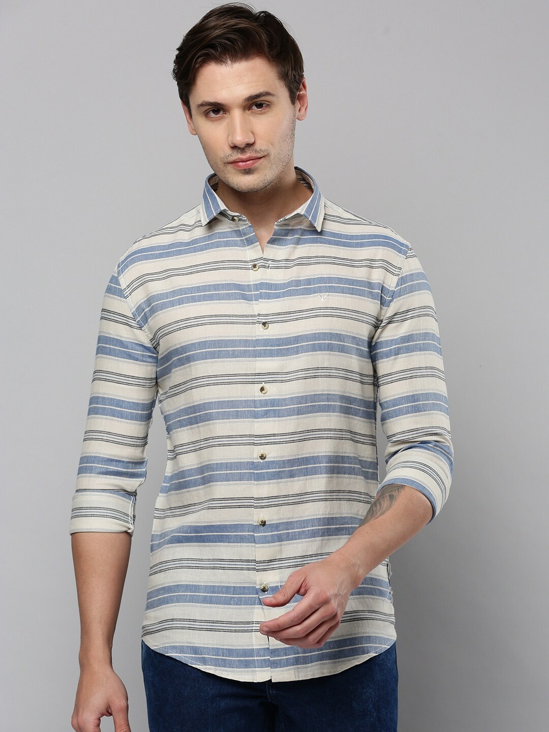 

SHOWOFF Comfort Horizontal Stripes Linen Casual Shirt, Beige