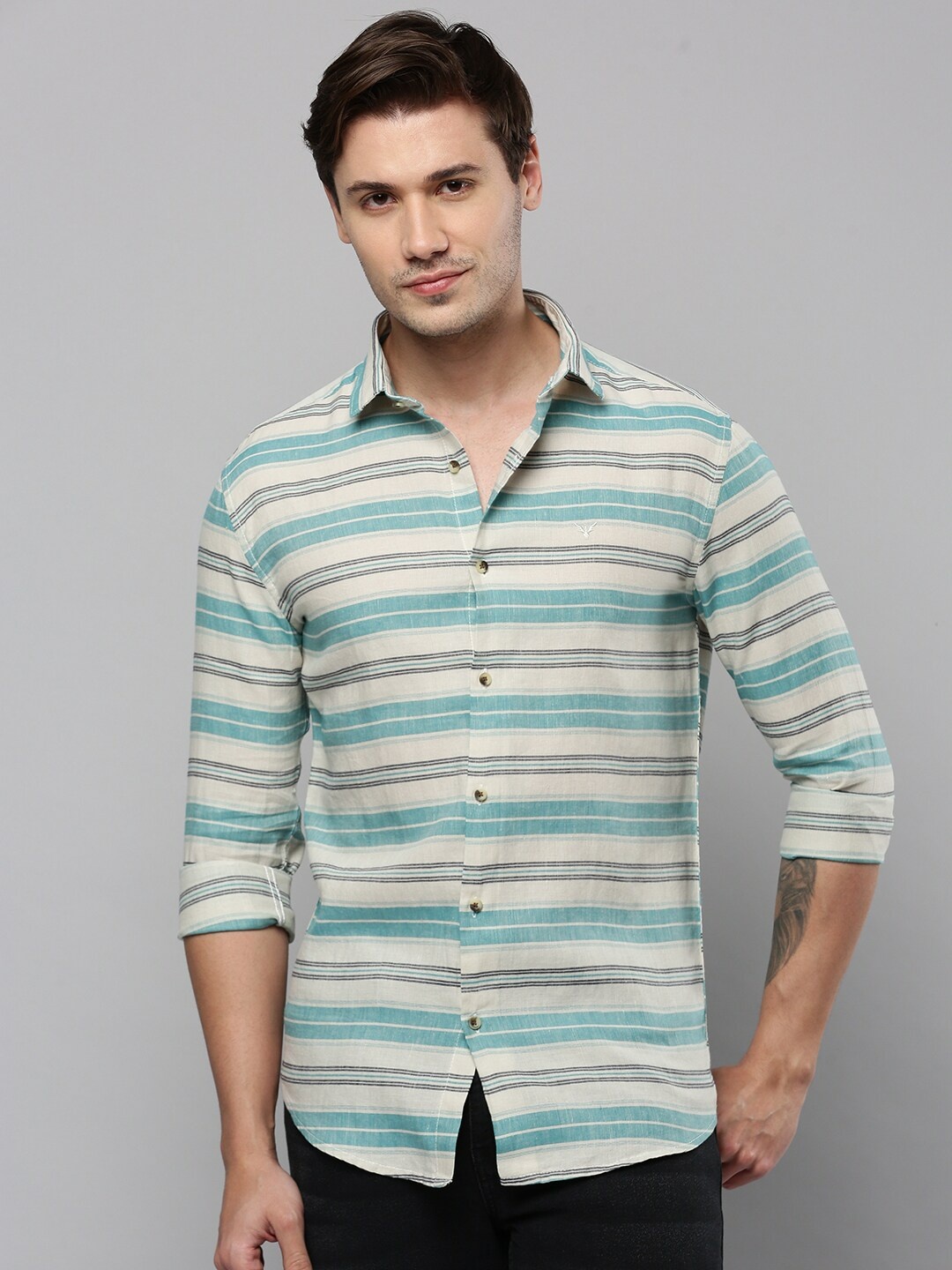 

SHOWOFF Comfort Horizontal Striped Linen Casual Shirt, Beige