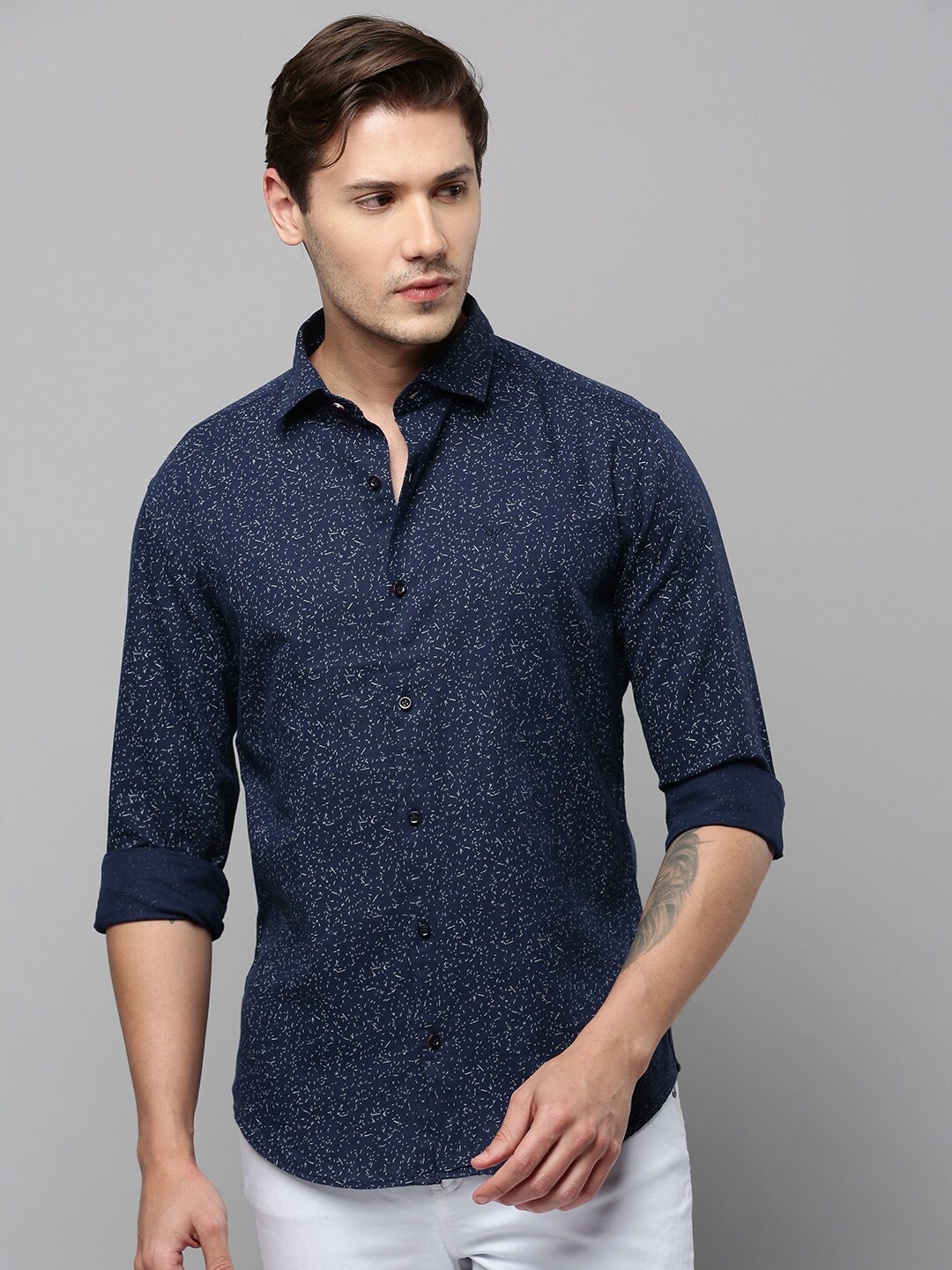 

SHOWOFF Micro Disty Printed Spread Collar Long Sleeves Comfort Cotton Casual Shirt, Navy blue