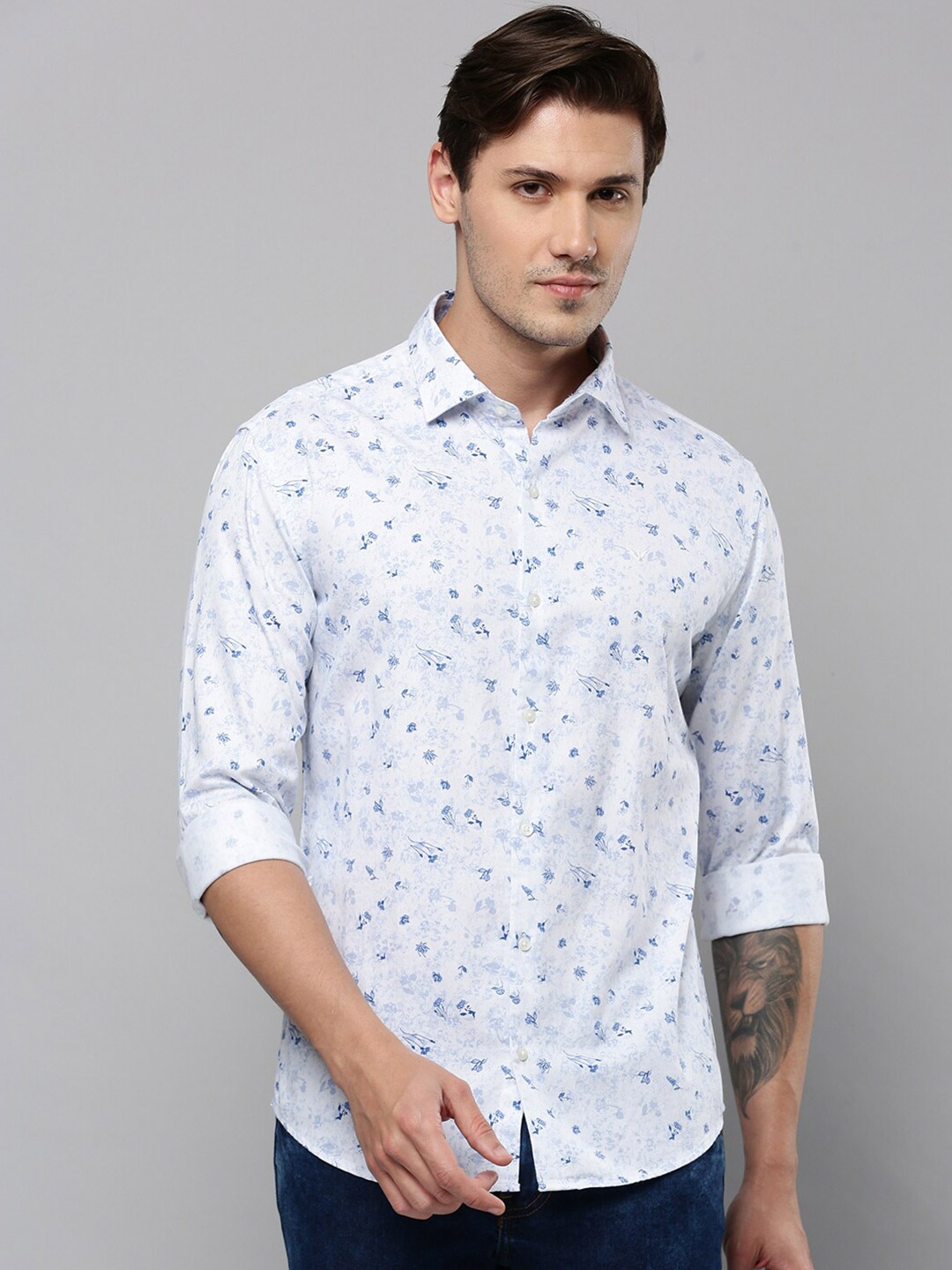 SHOWOFF Floral Printed Spread Collar Comfort Cotton Casual Shirt, White