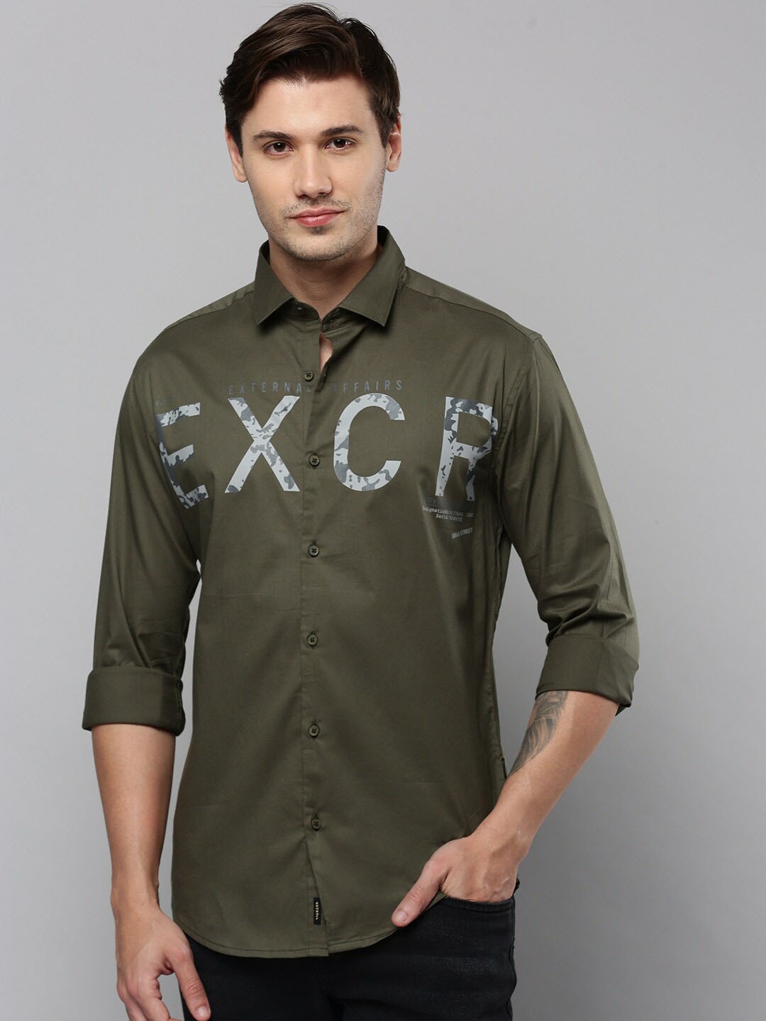 

SHOWOFF Comfort Typography Printed Cotton Casual Shirt, Olive