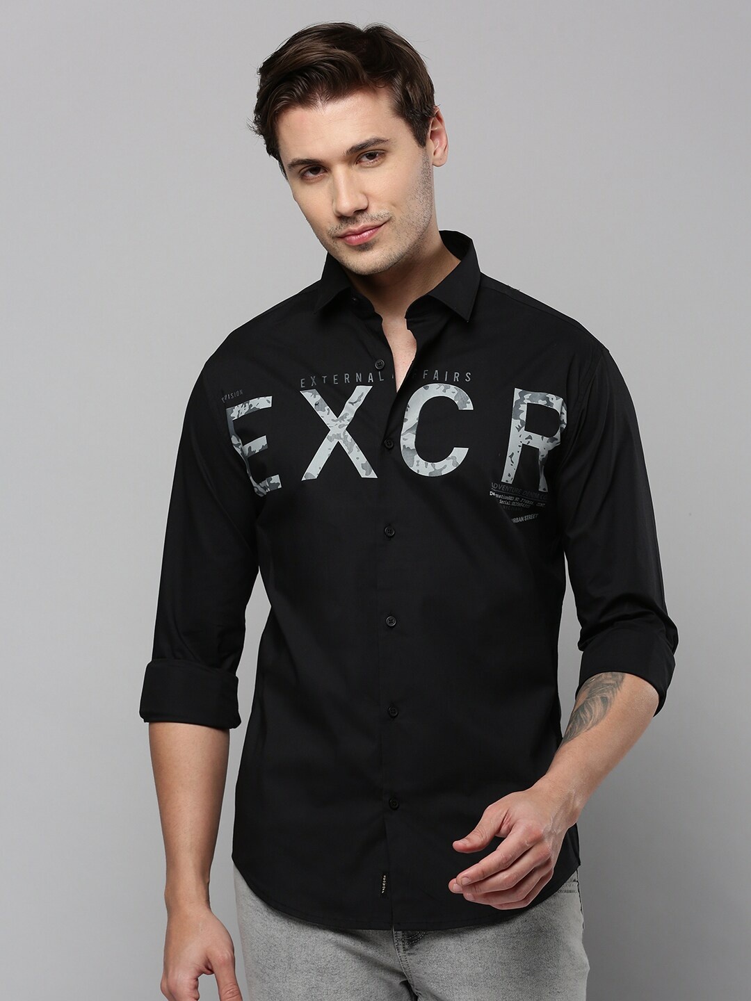 

SHOWOFF Typography Printed Spread Collar Comfort Cotton Casual Shirt, Black