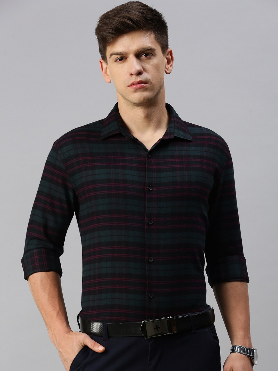 

SHOWOFF Classic Checked Cotton Formal Shirt, Black
