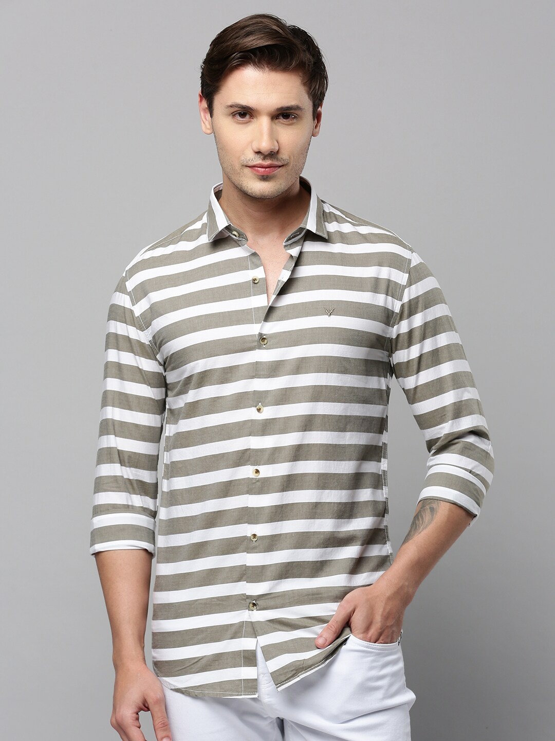 

SHOWOFF Horizontal Striped Spread Collar Long Sleeves Comfort Cotton Casual Shirt, Taupe