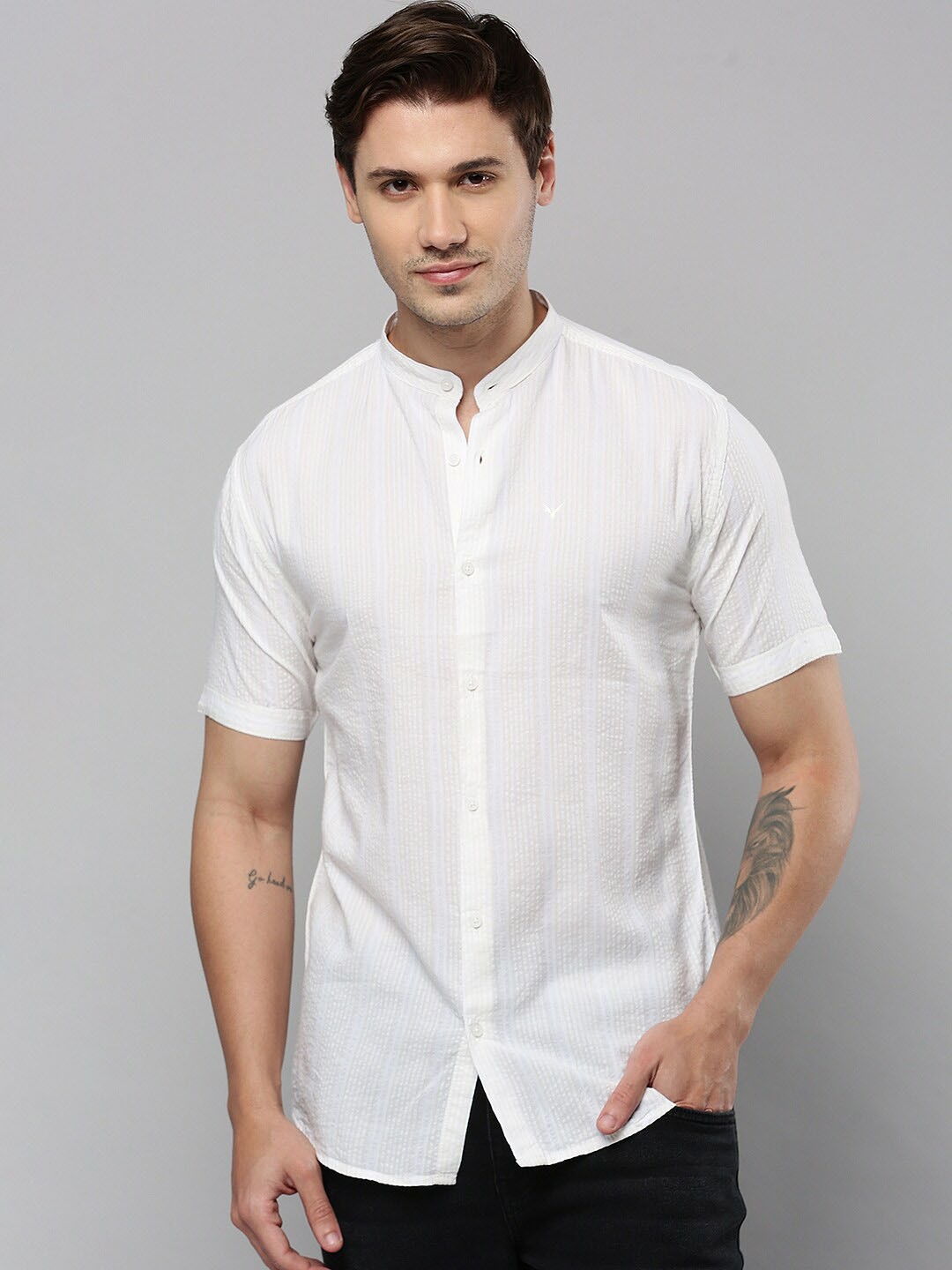 

SHOWOFF Comfort Mandarin Collar Cotton Shirt, Off white