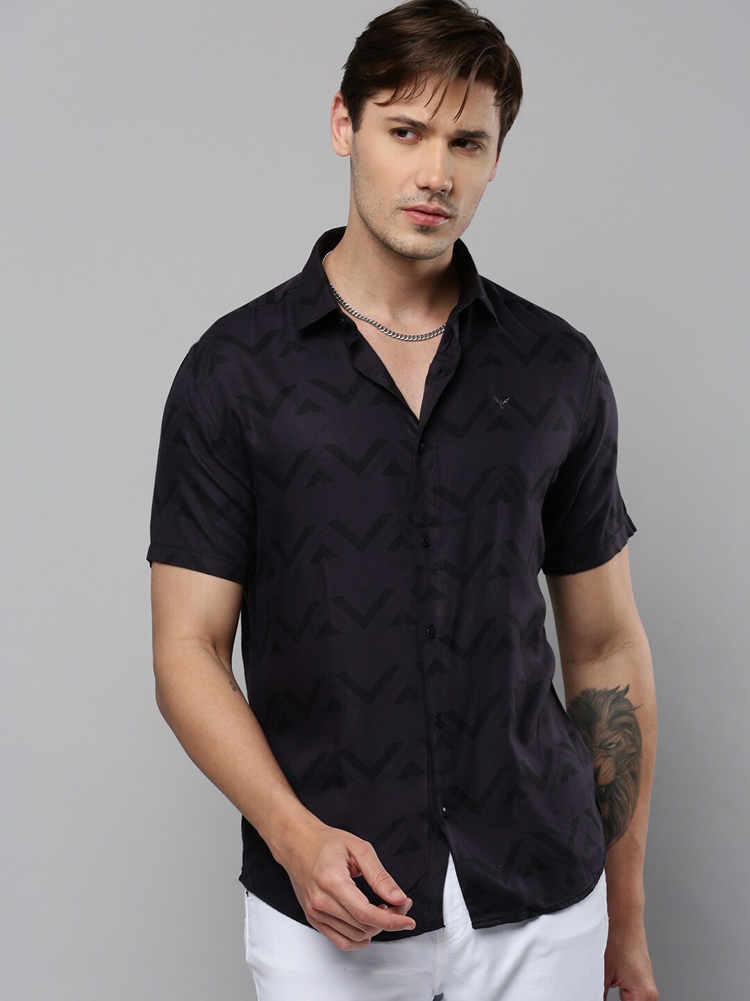 

SHOWOFF Comfort Geometric Printed Cotton Casual Shirt, Charcoal