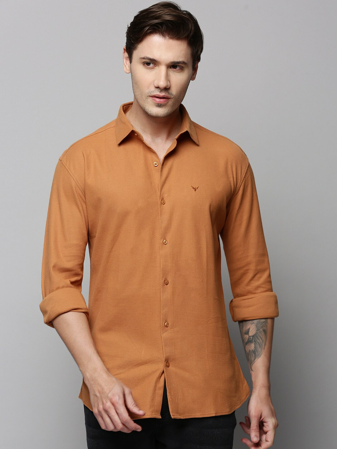 

SHOWOFF Self Design Spread Collar Long Sleeves Comfort Cotton Casual Shirt, Brown