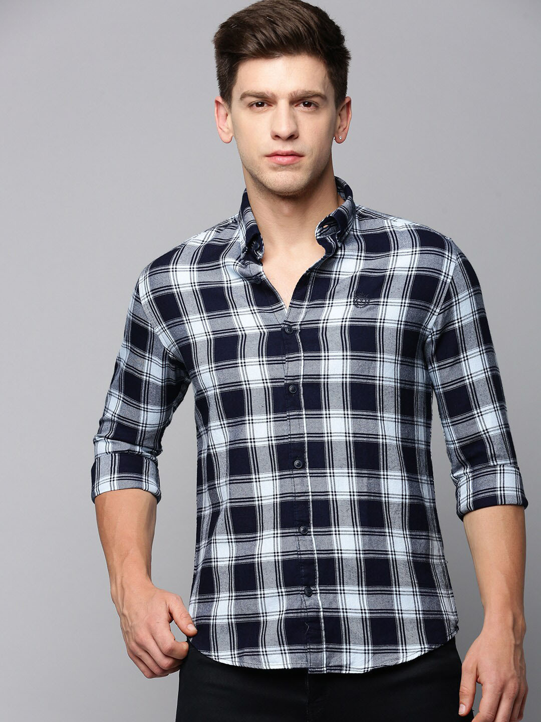

SHOWOFF Comfort Tartan Checked Button-Down Collar Cotton Casual Shirt, Navy blue