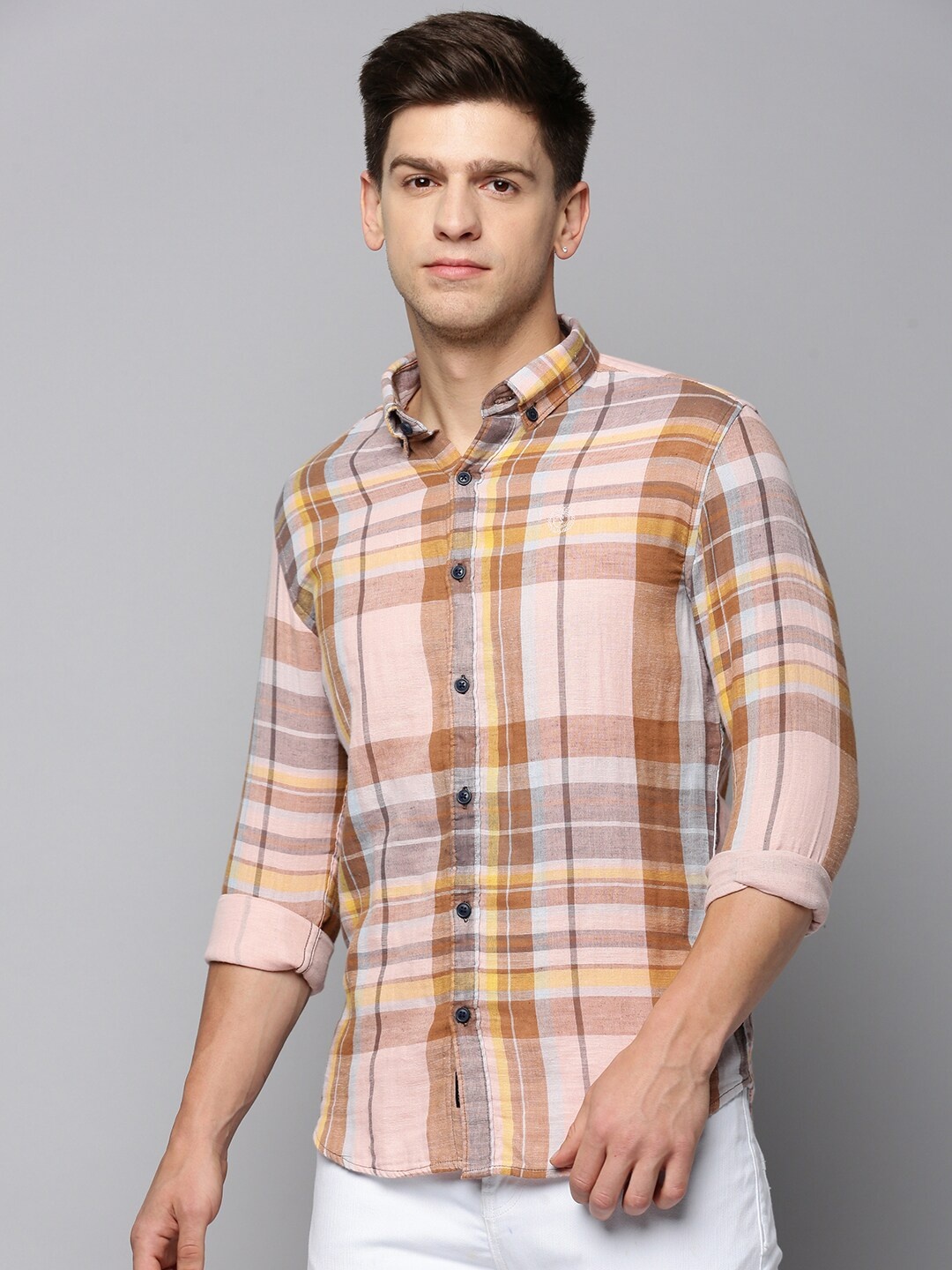 

SHOWOFF Tartan Checked Spread Collar Comfort Linen Casual Shirt, Peach