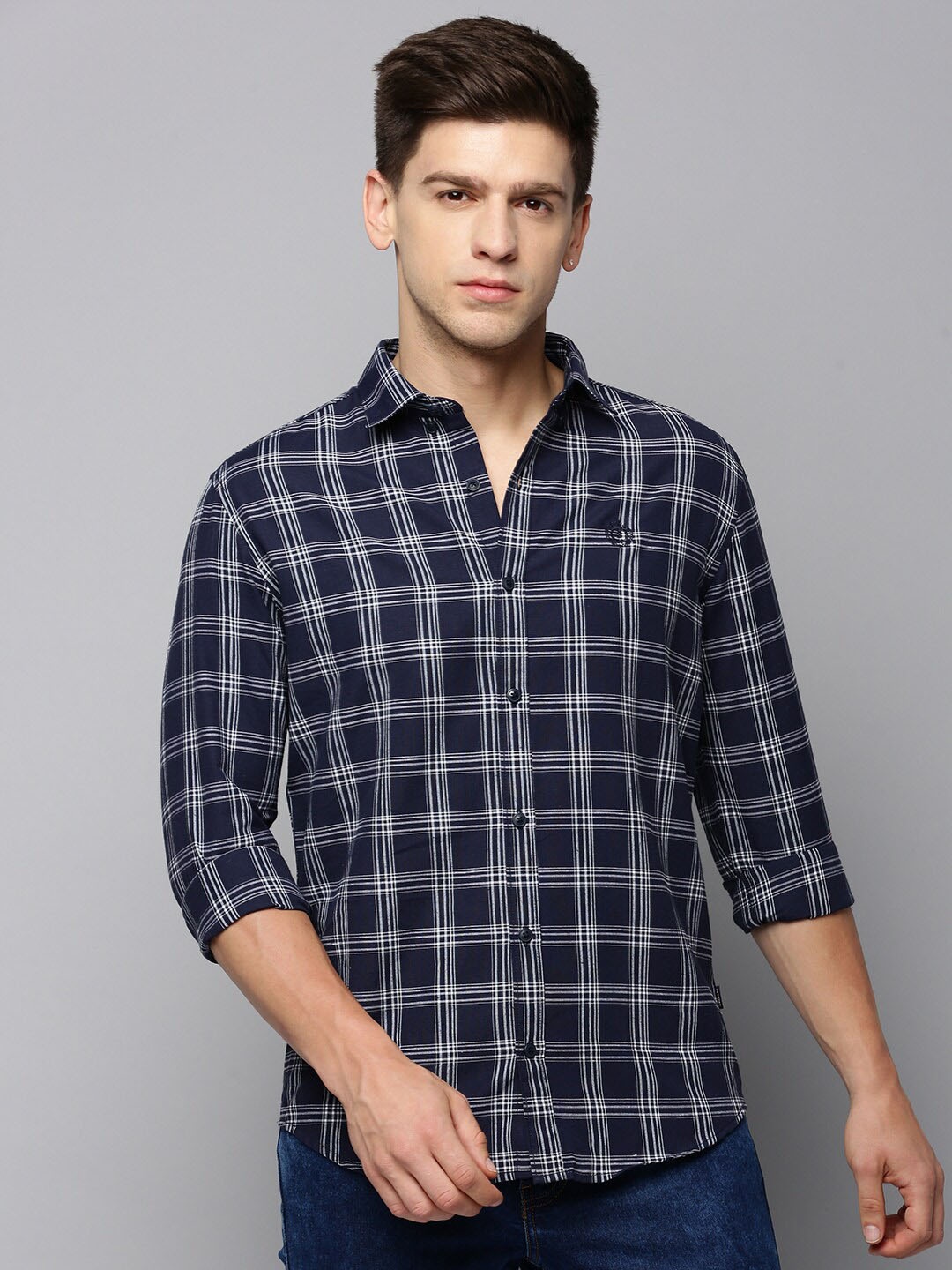 

SHOWOFF Comfort Tartan Checks Cotton Casual Shirt, Navy blue