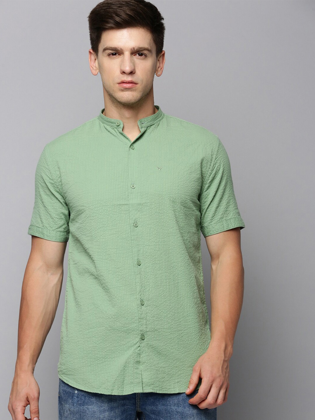 

SHOWOFF Comfort Self Design Mandarin Collar Cotton Casual Shirt, Green