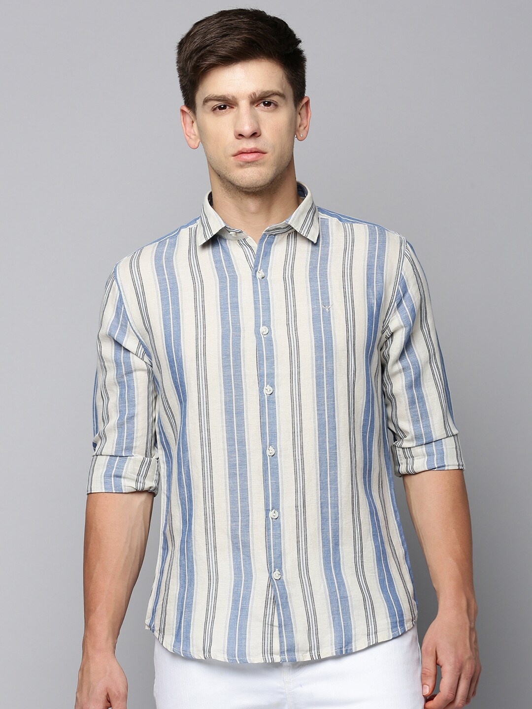 

SHOWOFF Vertical Striped Spread Collar Long Sleeves Comfort Cotton Casual Shirt, Off white