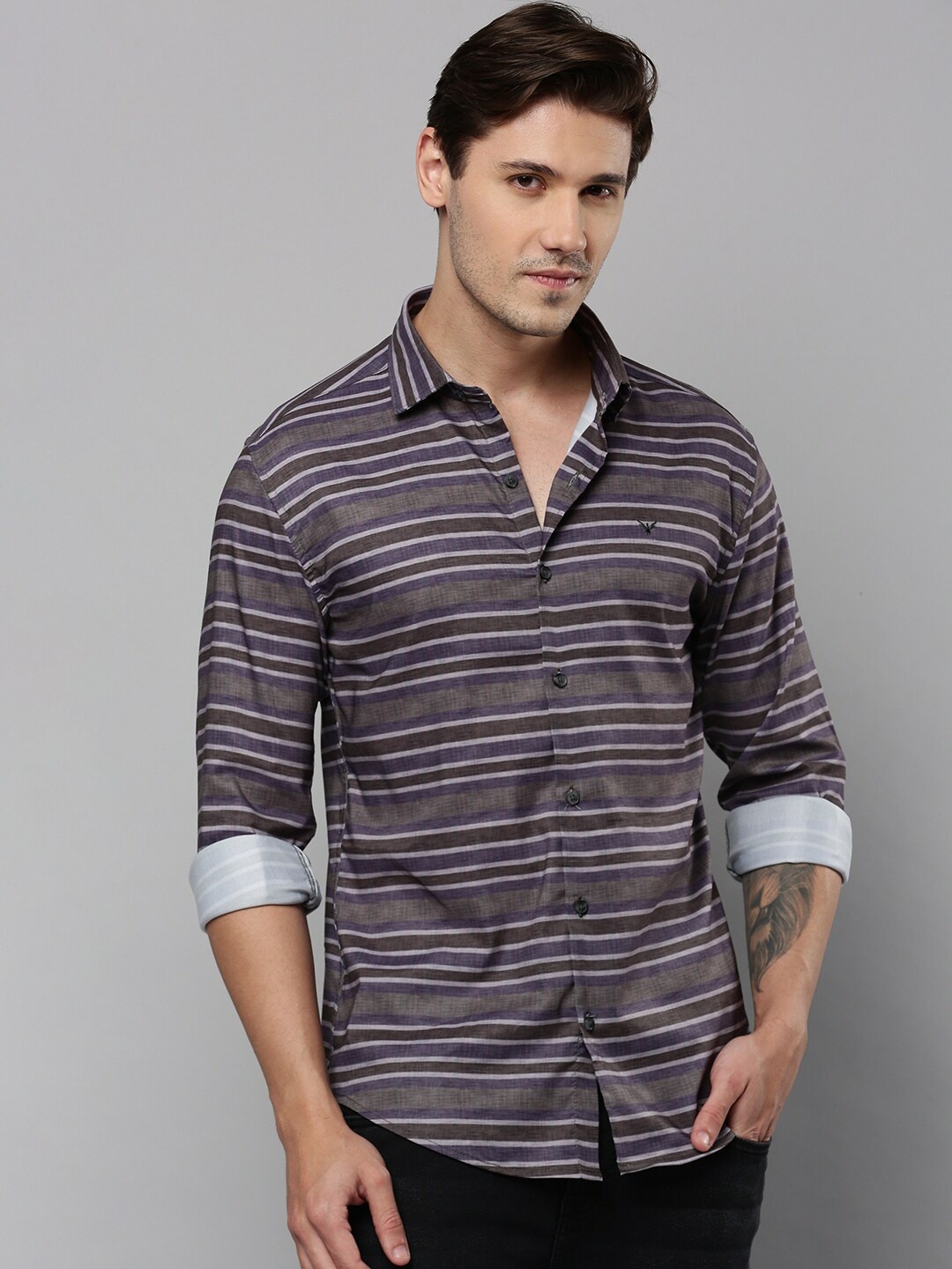 SHOWOFF Comfort Horizontal Striped Cotton Casual Shirt, Violet