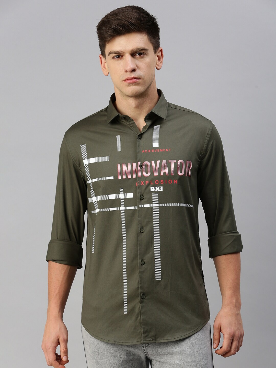 

SHOWOFF Comfort Typography Printed Spread Collar Cotton Casual Shirt, Olive