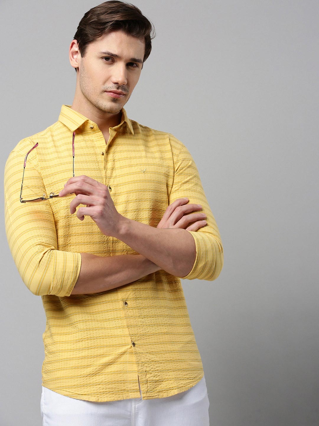 

SHOWOFF Comfort Horizontal Striped Cotton Casual Shirt, Yellow