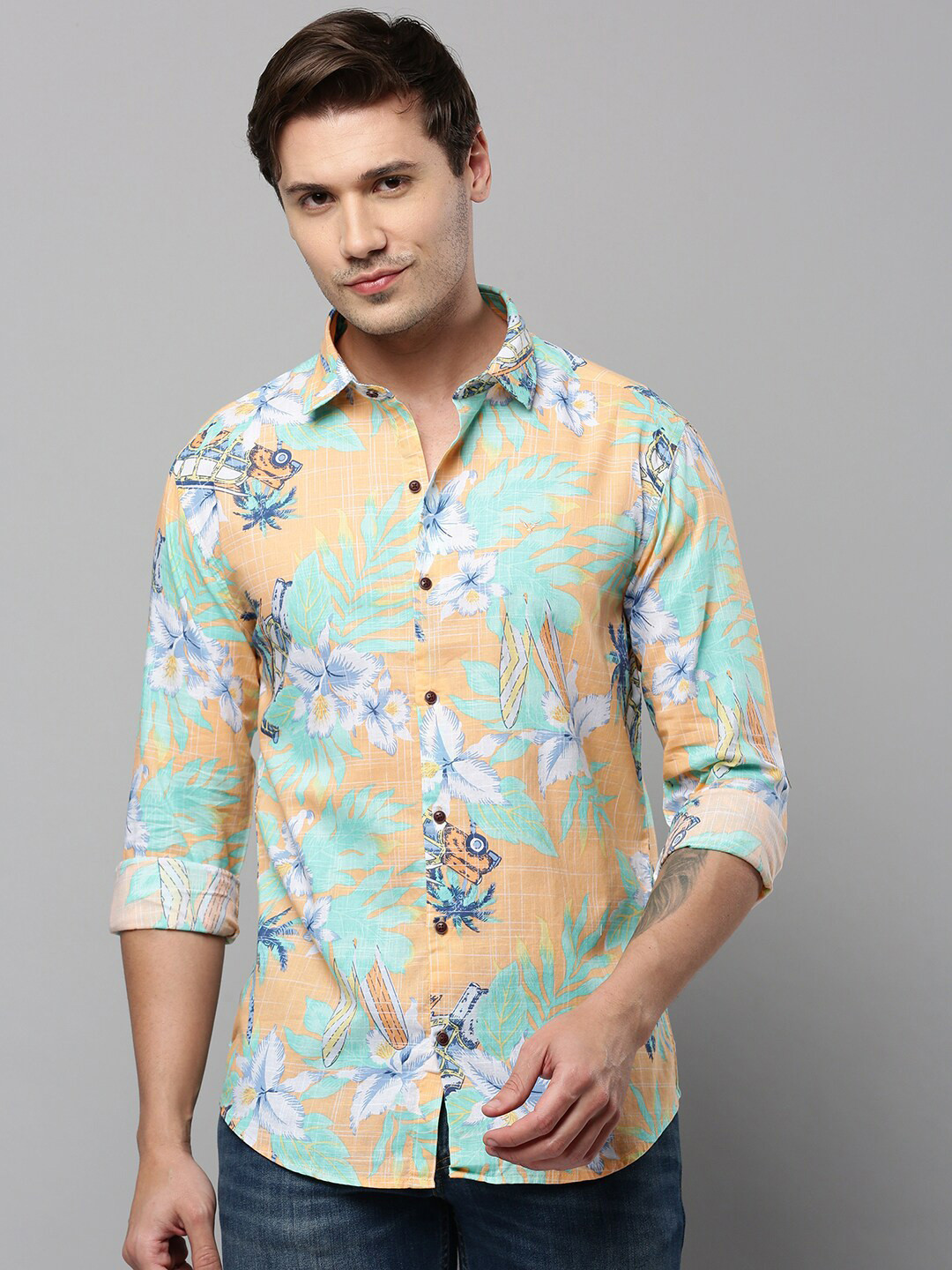 

SHOWOFF Floral Printed Spread Collar Long Sleeves Comfort Cotton Casual Shirt, Orange