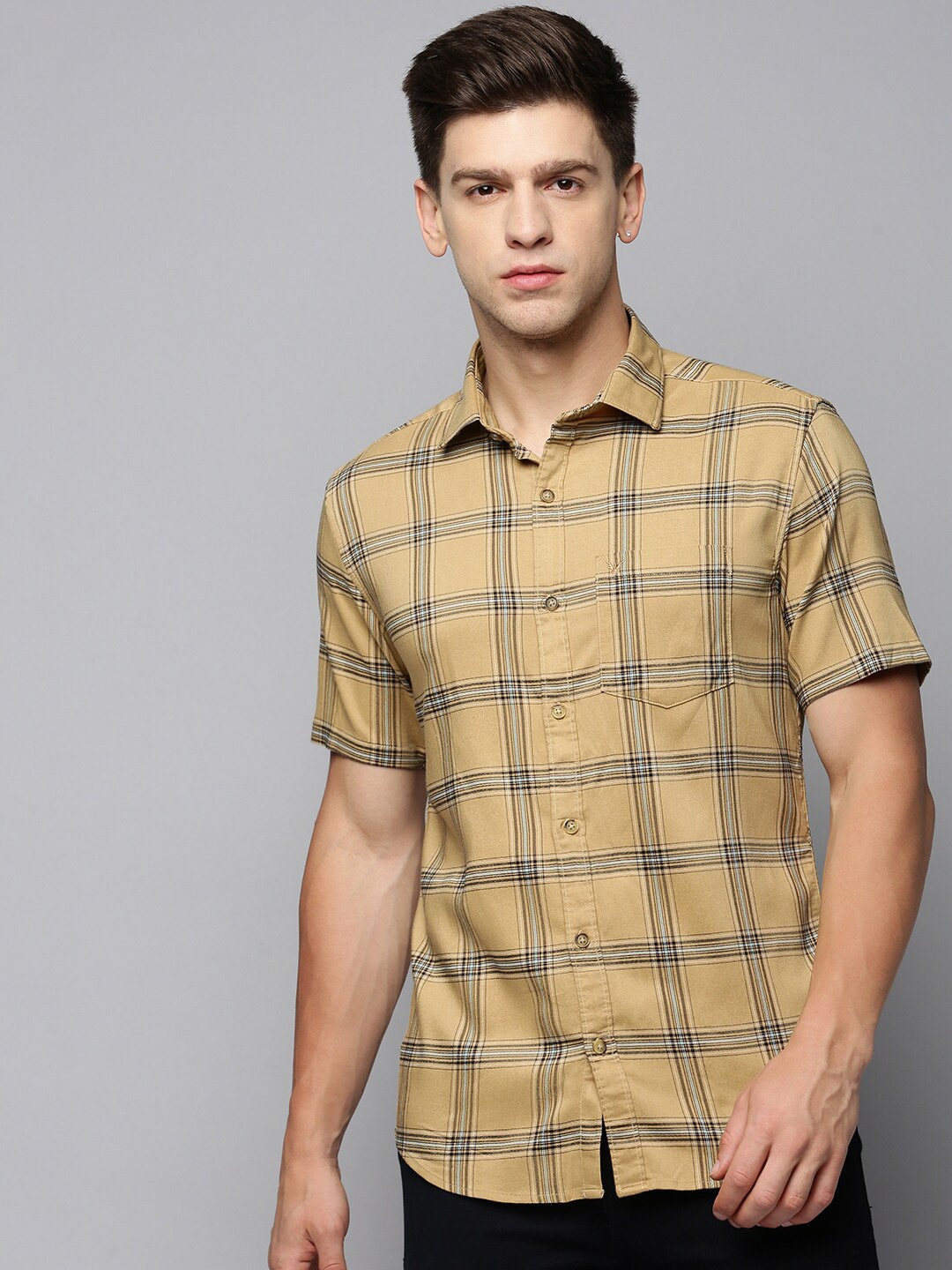 

SHOWOFF Tartan Checked Spread Collar Comfort Cotton Casual Shirt, Khaki