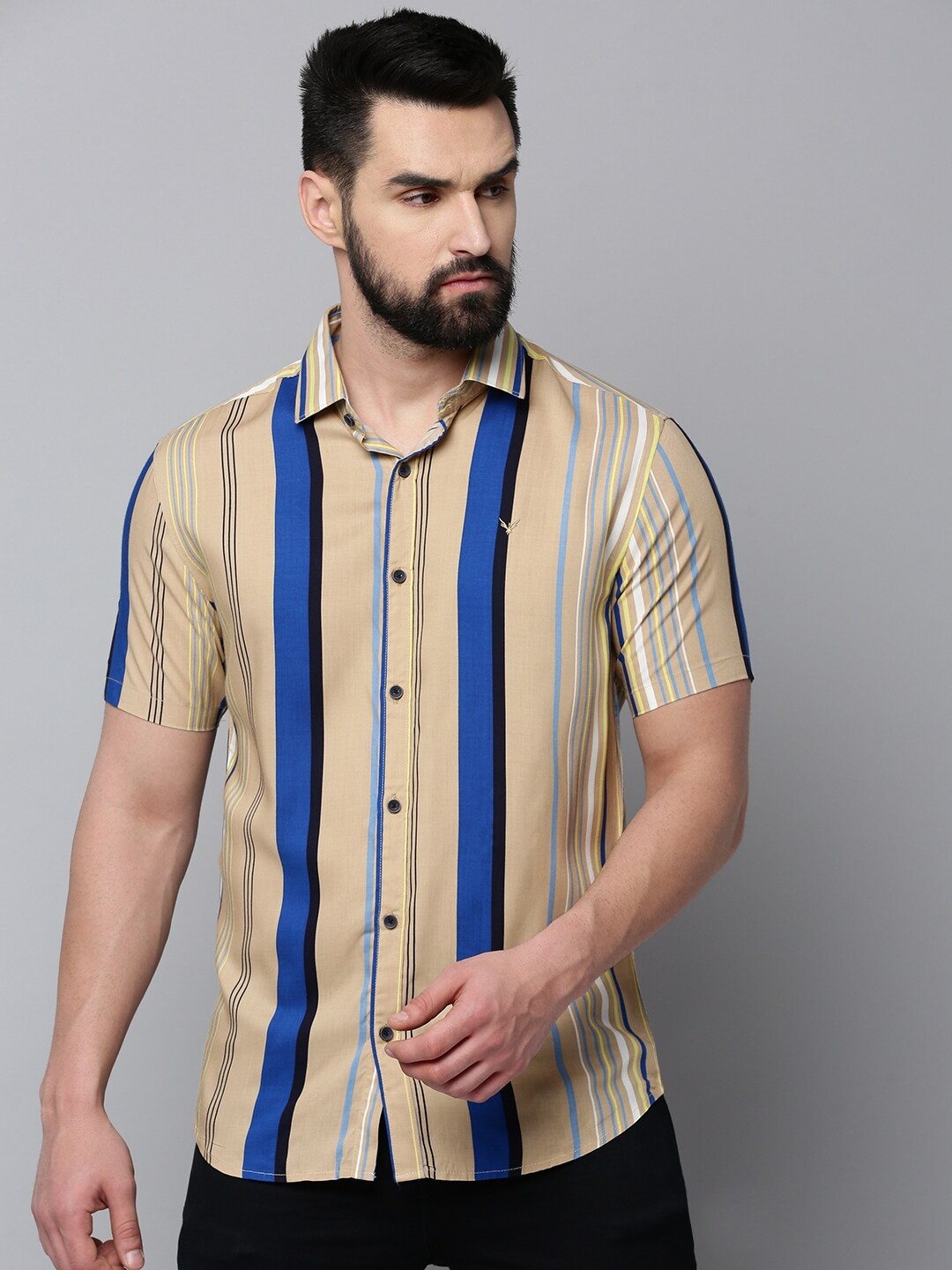 

SHOWOFF Comfort Vertical Striped Cotton Casual Shirt, Khaki