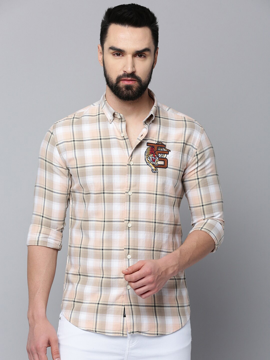 

SHOWOFF Checked Comfort Fit Long Sleeves Cotton Casual Shirt, Beige