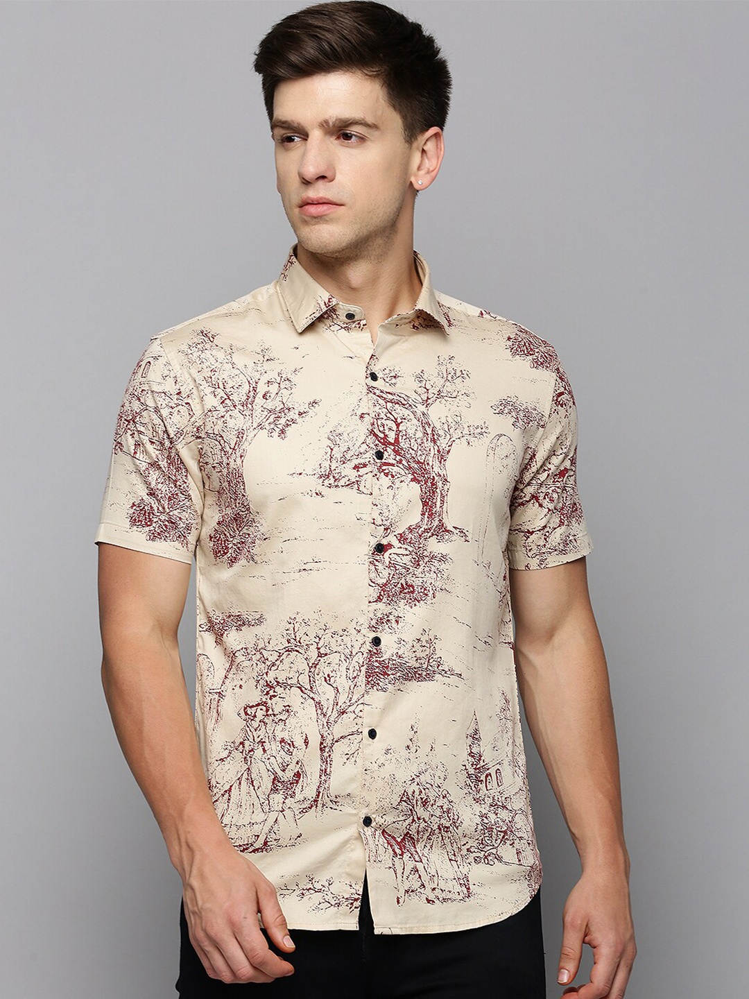 SHOWOFF Abstract Printed Spread Collar Comfort Cotton Casual Shirt, Cream